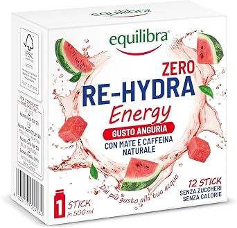Equilibra Re-Hydra Energy Zero Zuccheri, per aromatizzare acqua, 12 Stick | Gusto Anguria, Integratore con Mate, Guaranà, Vitamine C, B2, B3, B6, B12, Caffeina per Stanchezza e Metabolismo Energetico