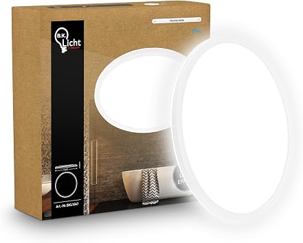 B.K.Licht – Pannello LED piatto con illuminazione indiretta, luce bianco neutro, protezione IP44, plafoniera bagno, plafoniera cucina, lampadario, lampada soffito, 42 x 3 cm, bianco