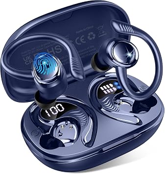 Hupoaf Cuffie Bluetooth Sport, Auricolari 5.4 HiFi Stereo IP7 Impermeabili | 6 EQ, 4 ENC Cancellazione Rumore Mic, 50 Ore Riproduzione con Display LED, per Corsa Palestra e Uso Quotidiano all’Aperto,Blu