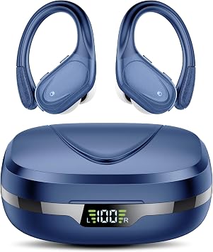 Cuffie Bluetooth, Sport Auricolari Bluetooth 5.3 con Gancio per Orecchio, 60H con Indicatore LED per Cassa di Ricarica, Chiamata ENC HD, Vestibilità Comoda, Basso Profondo, IPX7 Blu Chiaro