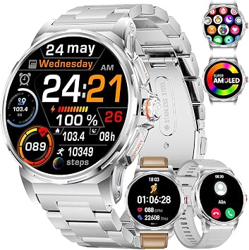 Militare Smartwatch Uomo, 1,43″ Display AMOLED con Chiamate Bluetooth, 3 Cinturini, Impermeabile IP68, Monitoraggio della Frequenza Cardiaca/Sonno, 120+ Modalità Sportive Android e iOS, Argento