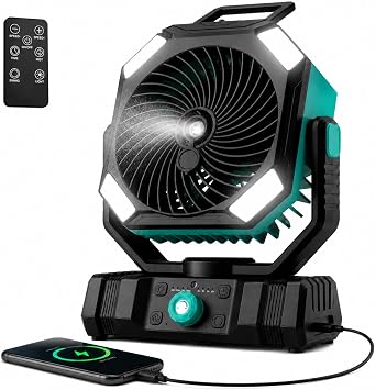Richday Ventilatore Nebulizzatore Portatile, Ventilatore Camping 20000mAh, Serbatoio 300ml, 2 Nebbie, Telecomando 5m, Timer, LED USB, 270°, 45°/90°, Tenda Ufficio