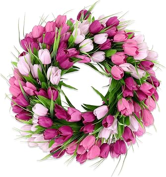 Enyhom Ghirlanda di tulipani artificiali per tutto l’anno, 45 cm, ghirlanda per porta, primavera, estate, decorazione per esterni, per casa di campagna, fiori realistici per porta di casa, soggiorno