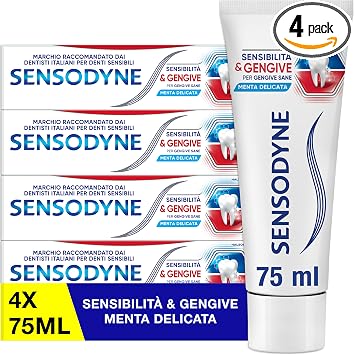 Sensodyne Sensibilità & Gengive, Dentifricio Quotidiano con Fluoro, 4×75 ml | Denti Sensibili e Gengive Sane, Gusto Menta Delicata