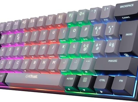 GXTrust Revyn Tastiera Gaming Wireless Meccanica 60% Layout Italiano QWERTY | Tri-Mode 2.4GHz/Bluetooth/USB, Batteria de 50 Ore, Ricaricabile, RGB, Keyboard Mini per PC Laptop, Grigio/Nero