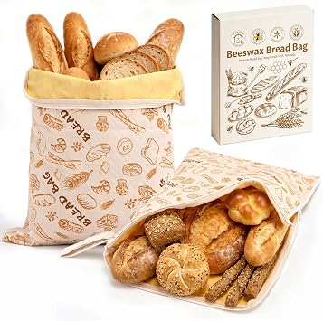 AHJ Sacchetti Pane Cera d’Api, 2 Pezzi 43×33 cm, Cerniera a L | In cotone e lino, riutilizzabili e lavabili, ideali per pane fatto in casa, lievito madre, baguette e pane artigianale