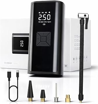 Compressore Aria Portatile 6000mAh Gonfiatore Pneumatici Auto Moto Bici, Mini Compressore Elettrico Senza Fili con Display Digitale LED, Arresto Automatico, Luce LED e Ricarica USB-C