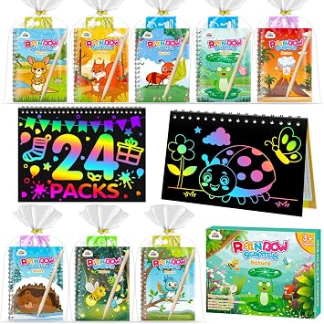 ZMLM Scratch Art Bambini Set of Scratch Books + Stencil + Penne in Legno – Pensierini Gadget Compleanno Bambini – Regalini Fine Festa Compleanno per Alunni 3-12 Anni (24 Natura)
