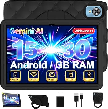 Tablet Bambini 10 Pollici Android 15 con 30GB RAM, 5G Wi-Fi 6, 64GB ROM(TF 2TB), Control Parental, Gemini AI, Octa-Core, 8MP+5MP, 6000mAh, Custodia Protettiva EVA + Supporto Girevole a 360°, Nero
