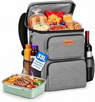 Zaino Termico Frigo 33L Impermeabile Mantiene il Caldo,Grigo | Borsa Frigo Zaino Grande Zaini da Picnic Portatile Facile da Pulire per Barbecue Spiaggia Attività All’aperto