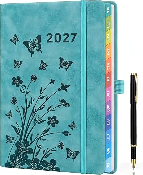 Agenda Settimanale 2027 A5 con Penna – Diario Alzavola con Vista Settimanale, Etichette Mensili, Tasca, Chiusura con Elastico e Portapenne – Planner Ideale per Ogni Giorno