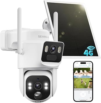 SEHMUA Telecamera con Pannello Solare e SIM, Senza WiFi【Doppio Obiettivo】 | 2K+2K Telecamera 4G Esterno, PTZ, 355°/90°, Visione Notturna a Colori, Audio Bidirezionale