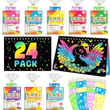 Scratch Art Bambini – Gadget Compleanno Bambini (24 pezzi) | Regalini Fine Festa Compleanno, Set con Quaderno da Grattare, Stencil e Penne in Legno, Lavoretti Creativi per 3-12 Anni