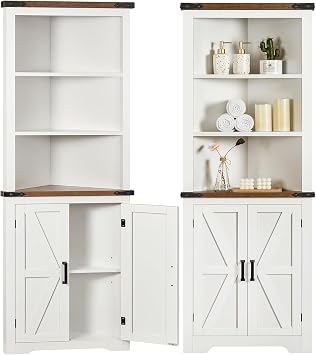 TEENFON Mobile Angolare da Bagno 178 cm, Armadio Stretto con 1 Ripiano Regolabile e 3 Ripiani Aperti, Unità Salvaspazio Bianca Multifunzione per Cucina, Bagno e Soggiorno, 54×31,5x178cm