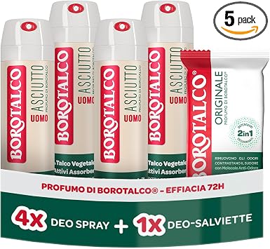 Borotalco, Deodorante Uomo Spray Originale 4x150ml, Deo-Salviette Originale | Formula con Talco Vegetale per Ipersudorazione, 72h di Efficacia, Salviette Deodoranti con Molecole Anti-Odore
