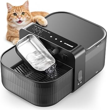Oneisall Fontana per gatti senza fili, 3,5 l, in acciaio inox ABS/304 | Senza cambio del filtro grazie alla separazione delle acque fresche e reflue, display LED programmabile, < 30 dB