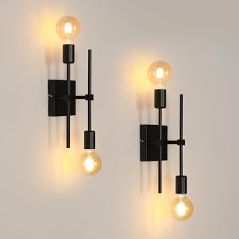 Riserva Lampada da Parete Vintage Industriale E27, 350° Regolabile 2 Pezzi | Applique da Parete Nero Metallo per Camere da Letto, Corridoi, Soggiorni, Scale, Alberghi, Caffè