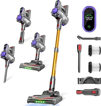 MONSGA Aspirapolvere Senza Fili 45KPA/550W/50Min, Anti-Groviglio | Display LED, Batteria Rimovibile, Ricaricabile a Parete, Scopa Elettrica Senza Fili per Pavimenti Duri/Tappeti/Peli Animali