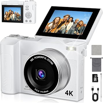 4K Macchina Fotografica 48MP Autofocus Fotocamera Digitale Compatta 2.8” Schermo Flip 180° con Zoom 16X Vlogging Camera con 32G Scheda per Adolescenti Principianti Adulti (Nero) (Bianco)
