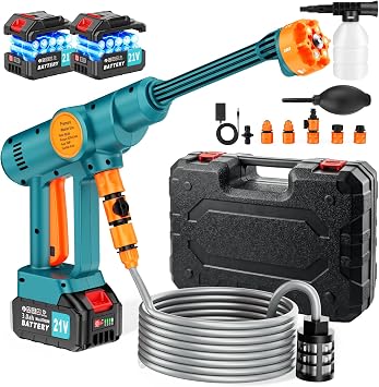 Idropulitrice a Batteria Senza Fili,Idropulitrice Portatile Potente con 2×3.0Ah Batterie,Ugello 6 in 1,1100PSI,Tubo da 5M,per Auto, Giardino,Terrazza,Prato e Irrigazione