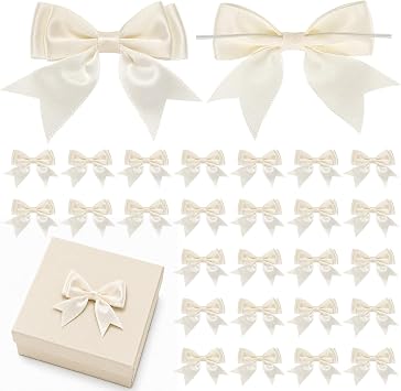 AiQInu 50 Pezzi Fiocco Decorativo Beige, Doppio Coda di Rondine Fiocco Nastro di Raso7x6cmCon Filo Metallico Trasparente, Fiocchetti per Bomboniere Natale Festa DIY