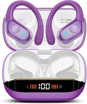 Ltinist Cuffie Bluetooth 5.4 Sport, Auricolari Bluetooth 75 Ore HiFi Stereo | Cuffie Wireless Impermeabili IPX8,4 ENC Cancellazione Rumore Mic,Con Display a LED,Violetta scura