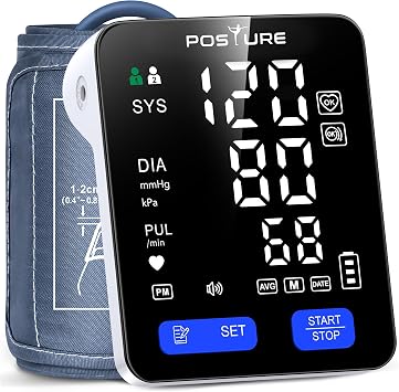 Posture Misuratore Pressione da Braccio con Grande Display LED, Guida Vocale e Controllo Posizionamento Bracciale, Bracciale 22-42 cm, Misuratore Pressione Automatico Digitale, 2×99 Memorie