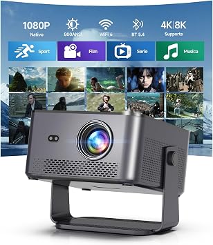 【Android 14 & 800 ANSI】Smart Proiettore Portatile 4K Supporto, 1080P Nativo | Messa A Fuoco Automatica, Correzione Trapezoidale, WiFi 6 BT 5.4, Altoparlante da 15W, Rotazione 180° Proiettore da Esterno