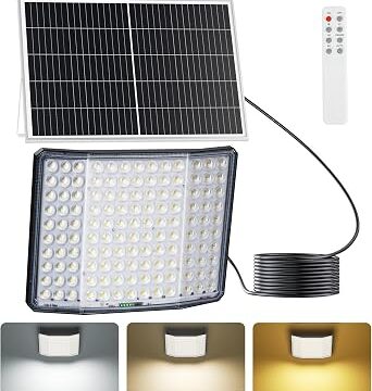 Lampada Solare LED da Esterno 520 LED, Angolo Luce 210°, 20000mAh, Timer | Faro Solare LED da Esterno con Telecomando, 3000/4000/6500K, Dimmerabile, IP66 Impermeabile, per Giardino, Cortile, Garage