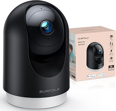 Surfola Telecamera per interni 2K, telecamera per animali domestici con rilevamento del movimento, telecamera di sicurezza domestica Wi-Fi CCTV con visione notturna, funziona con Alexa/Google, senza