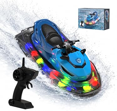 pisosorc Barca Radiocomandata RC 2,4 GHz Per Adulti E Bambini 8-12 Anni | Motoscafo, Avvio Automatico E Luci LED, Avviso Batteria Scarica, Impermeabile Per Gare Piscina Lago, Giocattoli Estivi