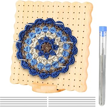 VINATO Tavola per Bloccare in Bambù, Tavola di Bloccaggio con 10 Pini in Acciaio Inox, Base e Accessori, 19.5×19.5cm – per Granny Squares all’Uncinetto, Dimensioni Medie