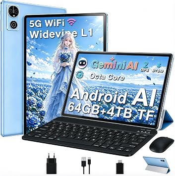 Tablet 10 Pollici Android 15 Tablets con Gemini AI, 64GB+2TB TF, GMS, Tablets 5G+2.4G WIFI, Octa-Core 2.0GHz, Face ID,Widevine L1 FHD,BT5.0,Type-C,8MP+5MP, GPS ,Tablet 3 in 1 con Tastiera e Mouse, Blu