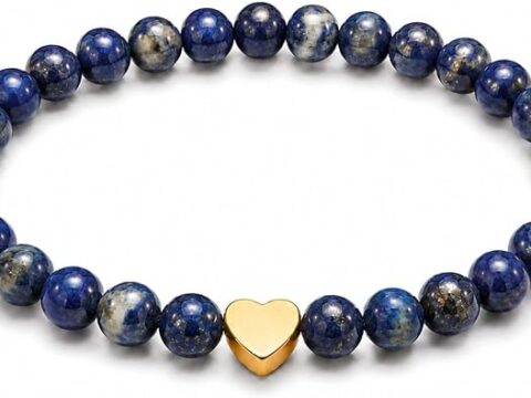 GD GOOD.designs Bracciale con Pietra Naturale e Cuore in Acciaio Inox Placcato Oro 18K | Bracciale da Donna con Perle da 6 mm | Impermeabile | Elastico 15–19 cm | Sacchetto Portagioie Incluso