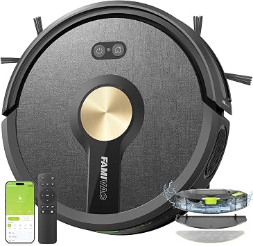 FAMIVAC R10 Robot Aspirapolvere Lavapavimenti 3 in 1, 6000 Pa, 200 Min, Controllo APP/Alexa/Google Home e Telecomando, Silenzioso, Auto-Ricarica, per Pavimenti Duri, Tappeti e Peli Animali
