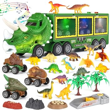 Aoskie 23 Pcs Dinosauri Giocattolo, Dinosauri per Bambini con Luci e Suoni | Giochi Bambino 3 Anni, 12 Figurine Dinosauro, Camion con Macchinine Dentro, Gioco Dinosauri, Triceratopo