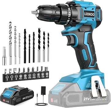 Trapano Avvitatore a Batteria LEEIKOO 21V Brushless, 45N.m, 2,0Ah | 20 regolazioni di coppia, 2 velocità, mandrino autoserrante da 10 mm e 21 accessori per forare e avvitare con precisione