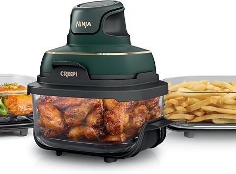 Ninja CRISPi Friggitrice ad aria portatile 4 in 1, 3,8L / 2,3L / 1,4 L, : frigge, arrostisce, mantiene caldo, dora, compatta, 6 porzioni, 3 contenitori in vetro con coperchi, 1700 W, verde, FN103EUGN