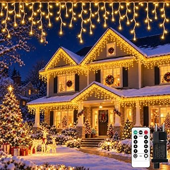 Luci Natale Esterno 12.5M 240 LED, Catena luminosa LED con Timer 8 Modi | Tenda luminosa per esterni, luce bianca calda, IP44, impermeabile, per interni ed esterni, finestre, feste, bordo del tetto