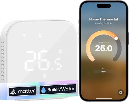 Meross Termostato WiFi Matter, Termostato Caldaia da Incasso 230V, Bianco | Rilevamento finestra aperta, Display touch regolabile, tasti silenziosi, controllo vocale Alexa Siri Google, zero abbonamenti
