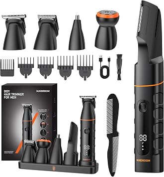 MAXGROOM 5 in 1 Rasoio Elettrico Corpo Uomo, IPX6 Rasoio Parti Intime Uomo | Autonomia 120 min, IPX6 Uso a Secco e Bagnato, Motore Potente 7000 giri/min, Testine Magnetiche, Base con Vano di Stoccaggio