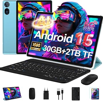 Tablet 10 Pollici Android 15 con 30 GB RAM+2TB ROM Espansione, Widevine L1 | FHD Tablet con Tastiera e Mouse, 6000mAh, Octa-Core, 5G Wi-Fi, GPS, USB-C, BT 5.0, 8MP+5MP, Gemini AI, Blu