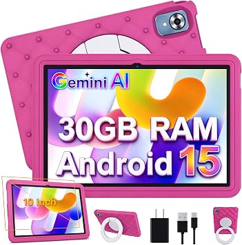 Tablet Bambini 10 Pollici Android 15 con 30GB RAM, 5G Wi-Fi 6, 64GB ROM(TF 2TB), Control Parental, Gemini AI, Octa-Core, 8MP+5MP, 6000mAh, Custodia Protettiva EVA + Supporto Girevole a 360°,Rosa