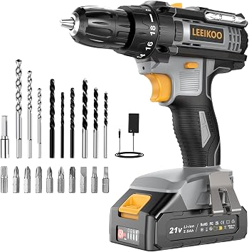 LEEIKOO Trapano Avvitatore a Batteria 21V, con 1 Batteria 2,0Ah, 42N.m | Mandrino 10 mm, LED e 2 velocità per montare mobili, regolare cerniere, forare legno e realizzare progetti fai da te