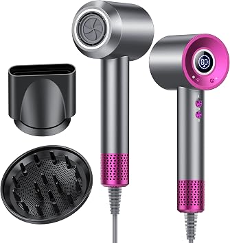 Asciugacapelli Ionico 180,000 RPM Phon Capelli Professionale 500 Milioni Ioni Negativi, 4 Temperature 3 Velocità, Display LED, Termoregolazione intelligente, Basso Rumore, 2 Accessori Magnetici