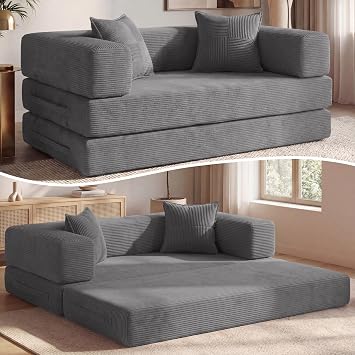 Vipbear Divano a terra convertibile 5‑in‑1 160×90×70 cm, divano‑letto in velluto a coste, schiuma ad alta densità, adatto agli animali domestici ed ergonomico, senza montaggio, grigio