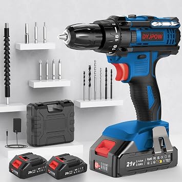 DYJPOW Trapano Avvitatore a Batteria 21 V, 2 Batterie da 2,0 Ah, 42N.m | Kit con 14 accessori e valigetta, 18+1 livelli di coppia, 2 velocità e LED per avvitare e forare legno e metallo