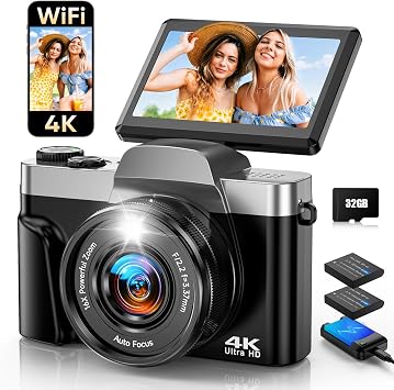 Fotocamera Digitale 4K con WiFi 64MP Macchina Fotografica Digitale | Schermo 3″ 180°, Flash, Webcam, Autofocus, Zoom Digitale 16X, Anti-Shake, Scheda 32GB e 2 Batterie per Ragazzi, Principian