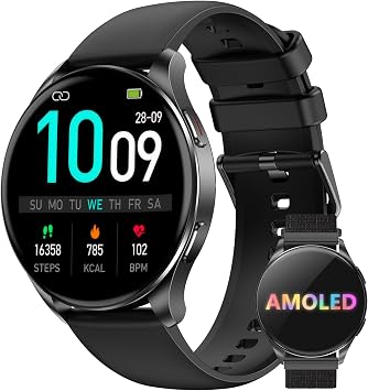 IOWODO Smartwatch Uomo con Display AMOLED da 1,43″, 2 Cinturini, Orologio Smartwatch con Chiamate Bluetooth, Messaggi WhatsApp, 110+ Sport, SpO2/ Sonno, 24H Cardiofrequenzimetro, IP68, Android e iOS