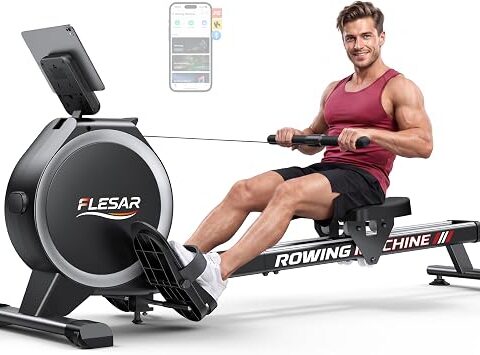Flesar Vogatore per Casa, 16 Livelli di Resistenza Vogatore Magnetico con, Compatibile con App, Display LCD, Trasmissione a Cinghia Ultrasilenziosa, Doppio Binario Stabile, Portata Massima 159 kg